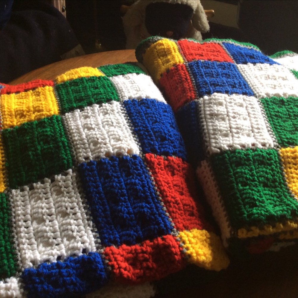 Set of 2 colorful crocheted Afghans 3 x 6 ft handmade Lego granny squares Twins